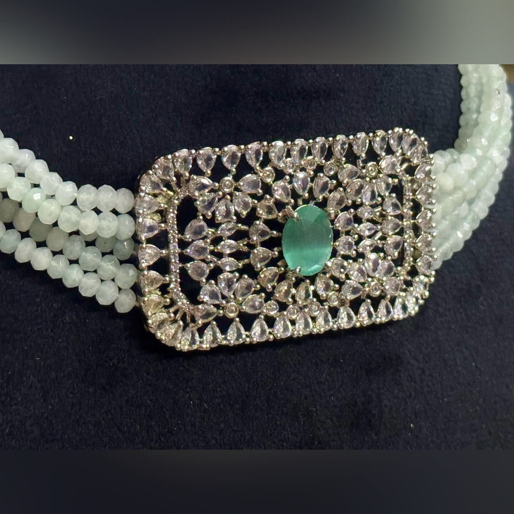 House Of RuSa  Silver Zirconia Pendant in aenglish  Green Necklace&earrings